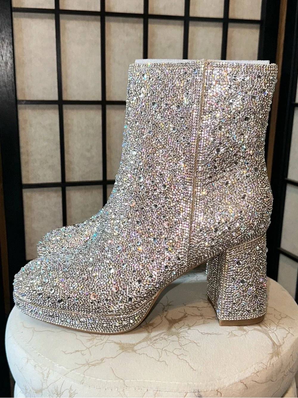 Rhinestone Embellished Silver Block Heel Boots